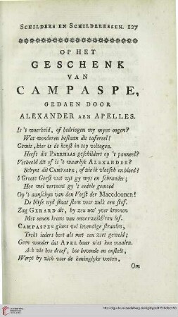 Op het geschenk van Campaspe, gedaen door Alexander aen Apelles