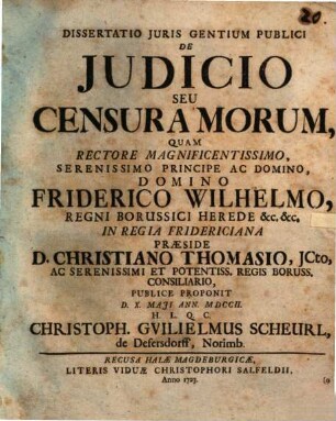 Dissertatio Juris Gentium Publici De Judicio Seu Censura Morum