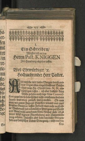 [Brief an Pastor Kniggen und dessen Antwort.]