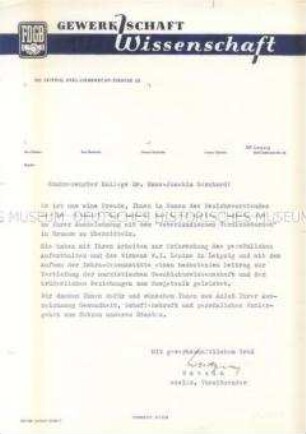 Glückwunschschreiben zur Verleihung des Vaterländischen Verdienstordens in Bronze