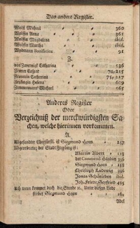 Anderes Register Oder Verzeichniß der merckwürdigsten Sachen, welche hierinnen vorkommen