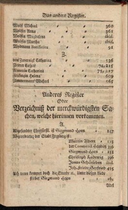 Anderes Register Oder Verzeichniß der merckwürdigsten Sachen, welche hierinnen vorkommen