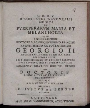 Dissertatio Inavgvralis Medica De Pverperarvm Mania Et Melancholia