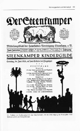 21. Titelblatt der Siedlerzeitschrift "Der Steenkamper" mit der Ankündigung der Kindergilde 1928. Scherenschnitt von Georg Hempel.