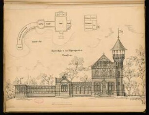 Kaffeehaus im Tiergarten, Berlin Monatskonkurrenz April 1887: Lageplan mit Grundriss Erdgeschoss, Obergeschoss, Aufriss Seeansicht; 2 Maßstabsleisten