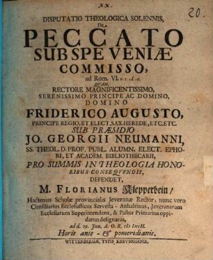 Dispuatatio Theologica Solennis De Peccato Sub Spe Veniae Commisso