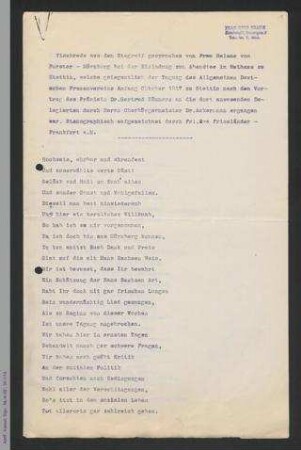 Tischrede von Helene von Forster zur Einladung im Rathaus anlässlich der 29. Generalversammlung des ADF 1917 in Stettin