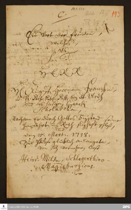 Gedicht von Heinrich Milde für August Hermann Francke.