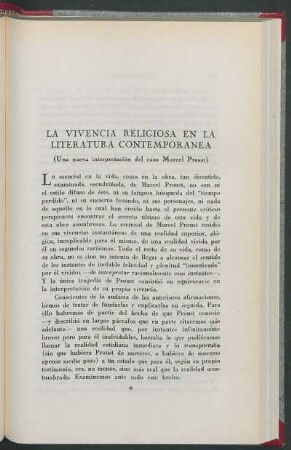 La vivencia religiosa en la literatura contemporánea : (Una nueva interpretación del caso Marcel Proust)