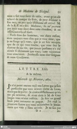 Lettre XXI. A la même. Mécredi 25. Février, 1671