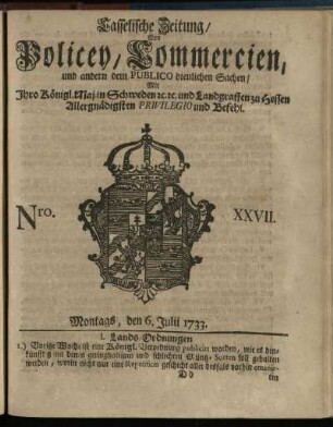 Nro. XXVII, Montags, den 6. Julii 1733