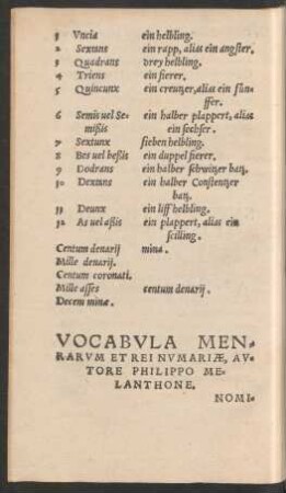 Vocabula Menrarum Et Rei Numariae, Autore Philippo Melanthone.