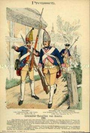 Uniformdarstellung, Grenadiere und Offizier des Grenadier-Bataillons der Infanterie, Königreich Preußen, 1729.