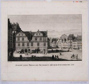 Darstellung eines Teils des Neumarktes mit dem Gewandhaus nach Nordwesten aus dem Jahr 1750, nach einem Gemälde von Bernardo Bellotto, genannt Canaletto