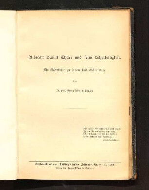 Albrecht Daniel Thaer und seine Lehrthätigkeit : Ein Gedenkblatt zu seinem 150. Geburtstage