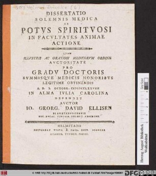 Dissertatio Solemnis Medica De Potvs Spiritvosi In Facultates Animae Actione