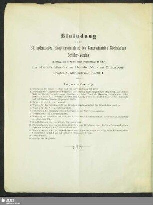 Einladung zu der 68. ordentlichen Hauptversammlung des Concessionirten Sächsischen Schiffer-Vereins