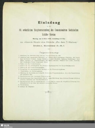 Einladung zu der 68. ordentlichen Hauptversammlung des Concessionirten Sächsischen Schiffer-Vereins