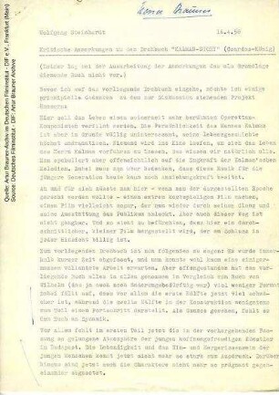 Anmerkungen zum Drehbuch, mit handschriftlichen Kommentaren von Artur Brauner