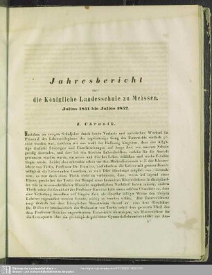Jahresbericht über die Königliche Landesschule zu Meissen. Julius 1851 bis Julius 1852