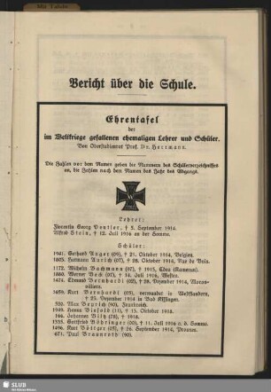 Ehrentafel der im Weltkriege gefallenen ehemaligen Lehrer und Schüler