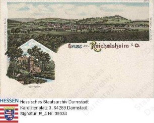 Reichelsheim im Odenwald, Panorama und Detailansicht Burgruine Rodenstein