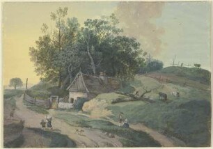 Bauernhaus am Weg unter Bäumen, Staffage von vielen Figuren und weidendem Vieh