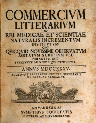 Commercivm litterarivm ad rei medicae et scientiae natvralis incrementvm institvtvm qvo qvicqvid novissime observatvm agitatvm scriptvm vel peractvm est svccinte dilvcideqve exponitvr. 1735