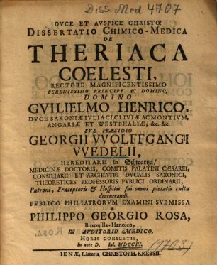 Dissertatio Chimico-Medica De Theriaca Coelesti