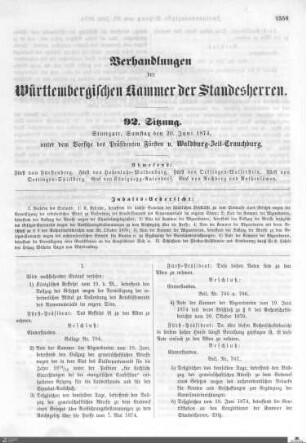 92. Sitzung, Stuttgart, 20.6.1874