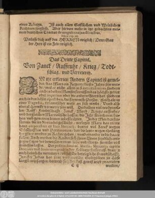 Das Dritte Capittel. Von Zanck/ Auffruhr/ Krieg/ Todtschlag/ und Verreterey.