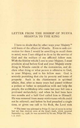 Letter from the bishop of Nueva Segovia to the king
