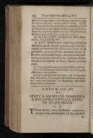 Partis III. Cap. XVI. De Statv & Societate Domestica, & Speciatim Conivgali, Paterna Atque Herili.