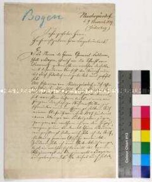 Eigenhändiger Brief von Pfarrer Zimmermann aus Niedergörsdorf an Wolf von Tümpling mit Bitte um ein Unterschriftenblatt mit Widmung der Boyen-Enkel für ein Gedenkbuch an Generalfeldmarschall Hermann von Boyen