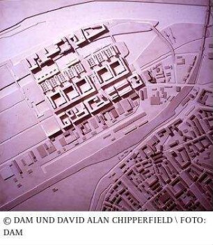 Osthafen Frankfurt, Wohnen und Arbeiten am Fluss - Wohnen als Herz einer industriellen Topographie, städtebauliches Modell, Gesamtanlage