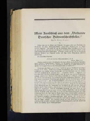 Mein Ausschluß aus dem "Verbande Deutscher Bühnenschriftsteller." Von Dr. Artur Dinter. II.