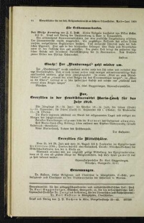 Pax, Exerzitien in der Benediktinerabtei Maria-Laach für das Jahr 1920