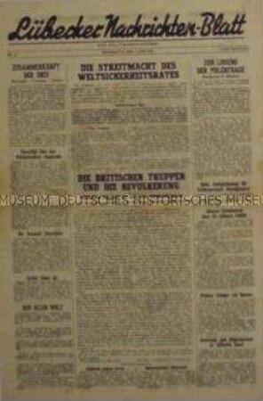 Mitteilungsblatt der britischen Militärregierung "Lübecker Nachrichten-Blatt" mit einer "persönlichen Botschaft" des Oberbefehlshabers
