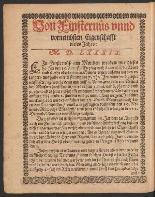 Von Finsternüs unnd vornembsten Eigenschafft dieses Jahrs: M. D. LXXXIX.