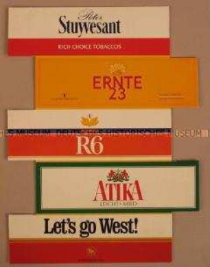 Werbeschild für "R6, Peter Stuyvesant, Atika, Ernte 23, West"-Zigaretten
