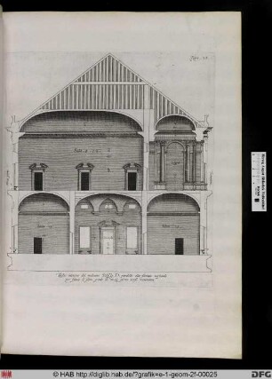 Taglio interiore del medesimo Palazzo .D. paralello alla facciata mostrando per fianco il salon grande da mezzo giorno verso tramontana.