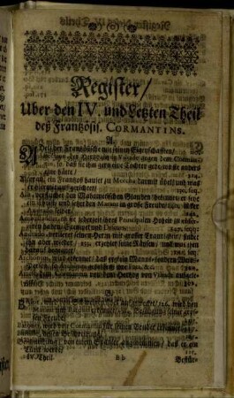 Register, Uber den IV. und Letzten Theil deß Frantzösis. Cormantins.