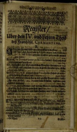 Register, Uber den IV. und Letzten Theil deß Frantzösis. Cormantins.