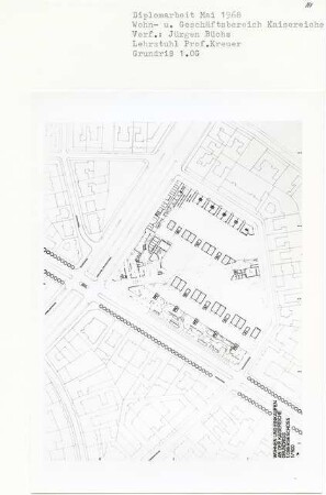 Wohnen und Geschäftsbereich Kaisereiche, Berlin-Friedenau (Diplomarbeit bei Willy Kreuer): Grundriss 1. Obergeschoss 1:500
