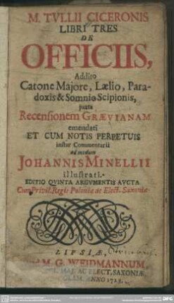 M. Tullii Ciceronis Libri Tres De Officiis : Addito Catone Maiore, Laelio, Paradoxis & Somnio Scipionis