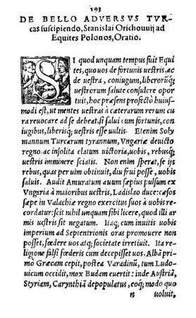 De Bello Adversvs Tvrcas suscipiendo, Stanislai Orichouuij ad Equites polonos, Oratio.
