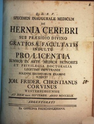 Specimen Inaugurale Medicum De Hernia Cerebri