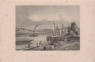 Stadtansicht von Dresden von Westen aus dem Kleinen Ostragehege über Landgrabenmündung und Elbe mit Schiffen auf Neustadt, Augustusbrücke und Altstadt, aus Rohbocks und Koehlers Königreich Sachsen, Thüringen und Anhalt von 1857