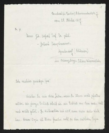 Brief von Emil Belzner an Gerhart Hauptmann