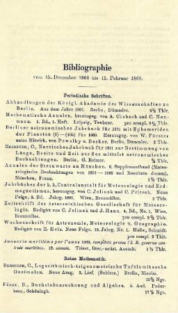 Bibliographie vom 15. December 1868 bis 15. Februar 1869.